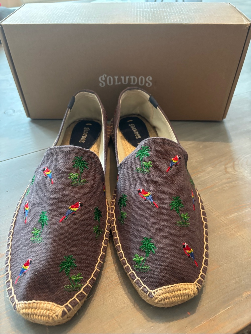 Soludos Brown Canvas Palms + Parrot Embroidered Espadrilles
